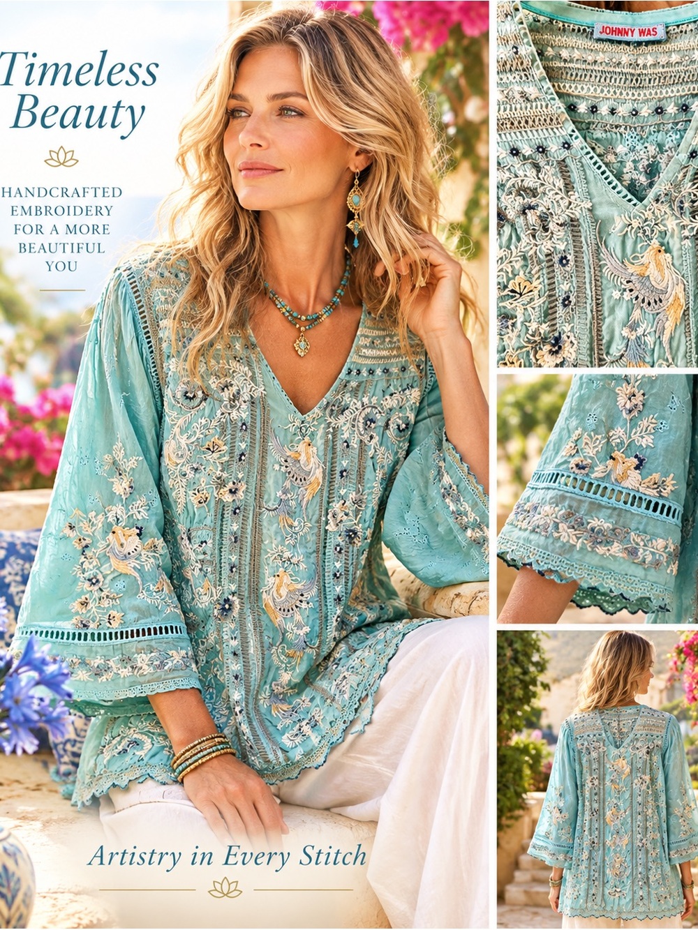 Gorgeous Johnny Was  Statement
Piece! Boho Embroidered NWT  Tunic Top in Aqua